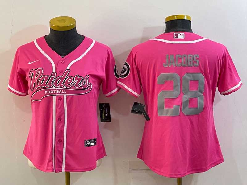 Women%27s Las Vegas Raiders #28 Josh Jacobs Pink With Patch Cool Base Stitched Baseball Jersey->women nfl jersey->Women Jersey